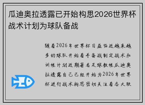 瓜迪奥拉透露已开始构思2026世界杯战术计划为球队备战