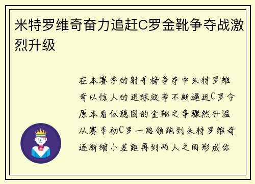 米特罗维奇奋力追赶C罗金靴争夺战激烈升级 米特罗维奇奋力追赶C罗金靴争夺战激烈升级