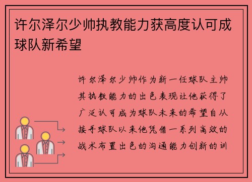 许尔泽尔少帅执教能力获高度认可成球队新希望 许尔泽尔少帅执教能力获高度认可成球队新希望