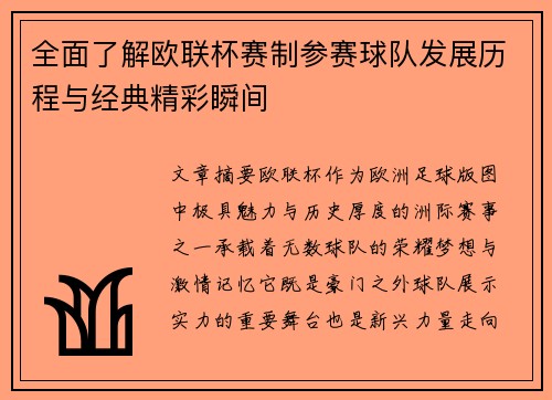 全面了解欧联杯赛制参赛球队发展历程与经典精彩瞬间